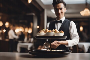 'waiter tray eatery hand serve waitress isolated hold male caucasian white background arm carry suit catering closeup concept dinner empty man metal offer 1 over person servant service silver single' - Powered by Adobe