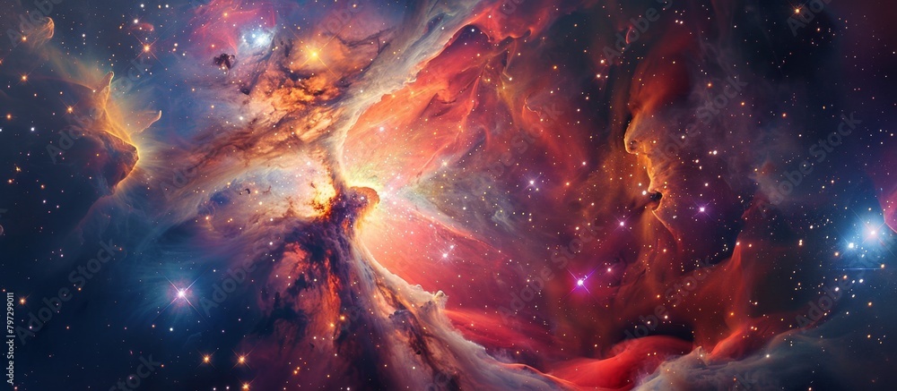 Poster a vivid and colorful nebula is displayed prominently with a background filled with distant shining s