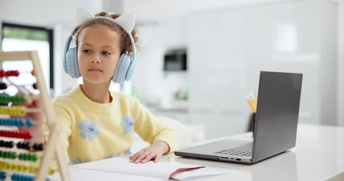 Little girl, laptop and counting on abacus with headphones for mathematics, homework or studying. Young female person, child or kid writing in notebook by computer for addition or subtraction at home