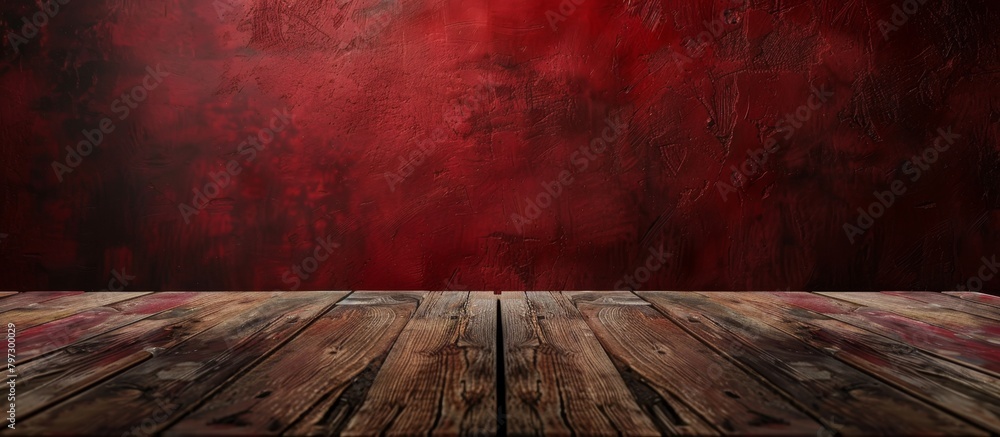 Poster a simple wooden table is placed in front of a wall painted in a striking red color, creating a bold 