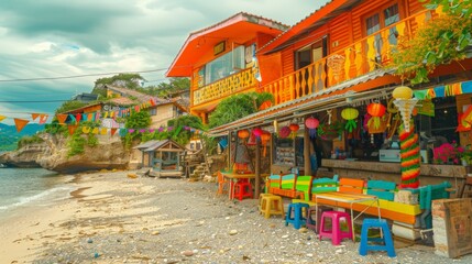 A vibrant beachfront cafe adorned with festive decorations and colorful furniture sets a cheerful tone on a pebbly seaside.