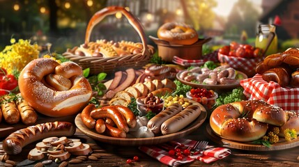 A bountiful spread of traditional German picnic foods, including pretzels and sausages, laid out on...