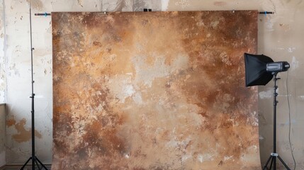 handpainted studio backdrop setup in against a plaster white wall, brown color 