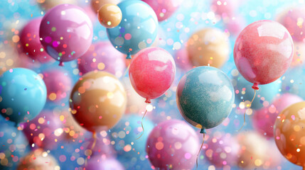 celebration and party background with colorful flying balloons,confetti glitters for event and holiday poster.