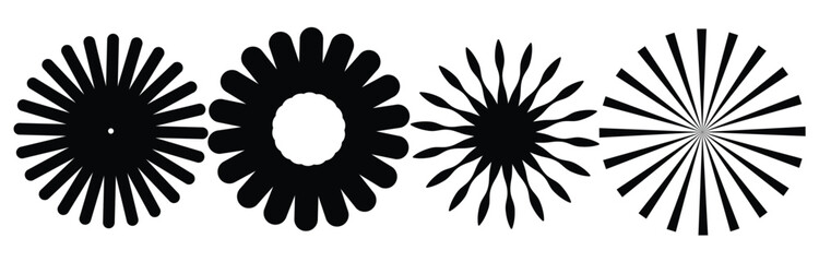 Sunburst element radial strips. Circular pattern of radial, radiating lines. Monochrome starburst, sunburst element. 