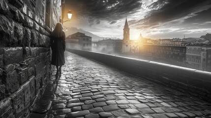 Black and white image capturing the silhouette of a woman walking on cobblestone streets in an old European city at sunrise.
