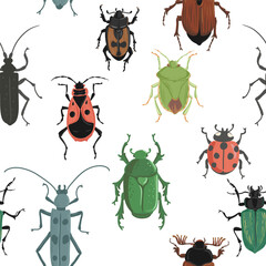 vector drawing seamless pattern with bugs, beetles, hand drawn insects at white background, natural cover design