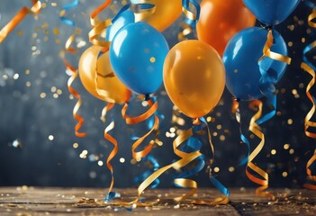 'wood colored hanging image confetti plank gold floating balloons blue orange scattered Vetrical background ribbons bokeh celebrate balloon party ribbon celebration vertical birthday new y'