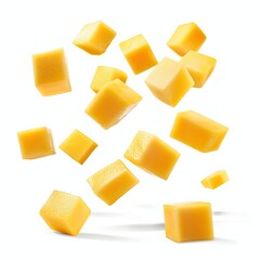 mangos cubes bites floating, white background 