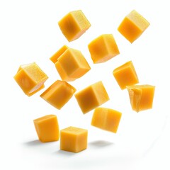 mangos cubes bites floating, white background  