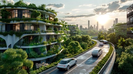 Naklejka premium A modern Futuristic urban sustainability landscape and road with electric cars, eco-friendly city with green spaces and rooftop gardens. Concept of Improvement of ecology and air quality