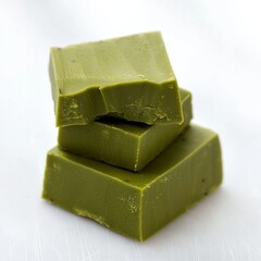 A small pile of three matcha fudge pieces on a white background.