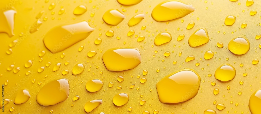 Poster macro shot showcasing water droplets on a vibrant yellow background, creating a visually appealing t