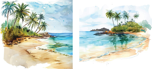 Watercolor Beach Sunset with Palm Trees Clipart