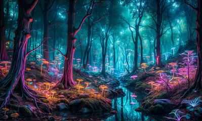 Create a surreal forest where the trees are made of neon lights, casting a colorful glow on the surrounding landscape. The forest should feel magical and ethereal