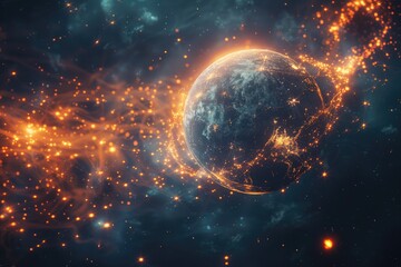 Glowing streams of data around a flying planet.