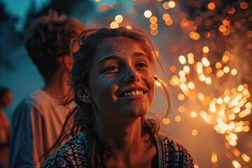 A girl at a party with fireworks on the background.