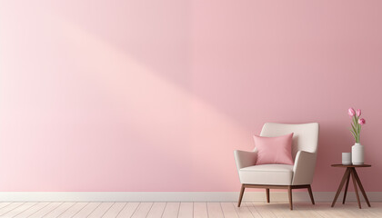 Elegant pink living room interior with white armchair and pink tulips in vase on wooden table by the wall 3d rendering