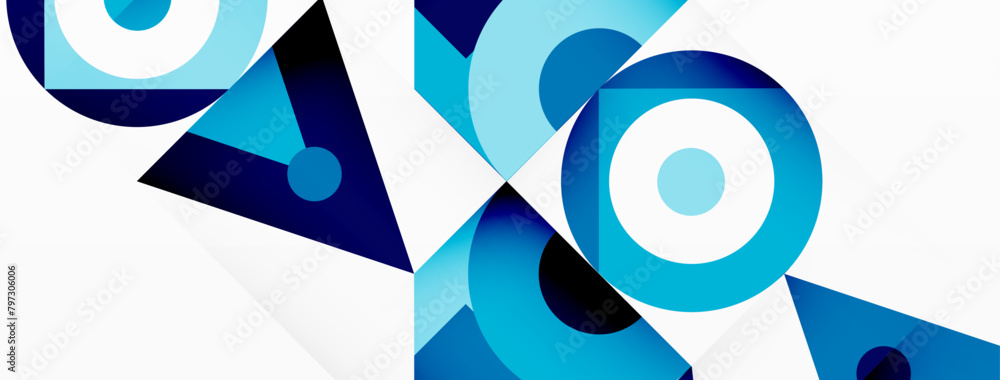 Poster the geometric pattern features a mix of aqua, electric blue, and magenta shapes like squares, triang