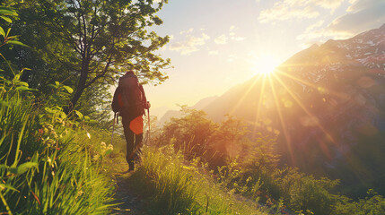 Hiker walking on the mountain with sunlight softly shining through The tops of the trees hit the tops of the grass.