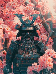 Samurai Warrior Poised Among Cherry Blossoms, Traditional Armor Detailed with Floral Patterns
