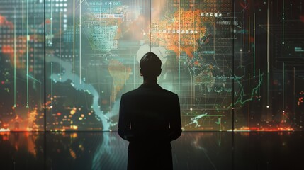 Businessman from behind observing a room where maps, graphs and interconnections are projected. Global business concept, Social media, Investment, financial and banking, Target, Strategy and planning.