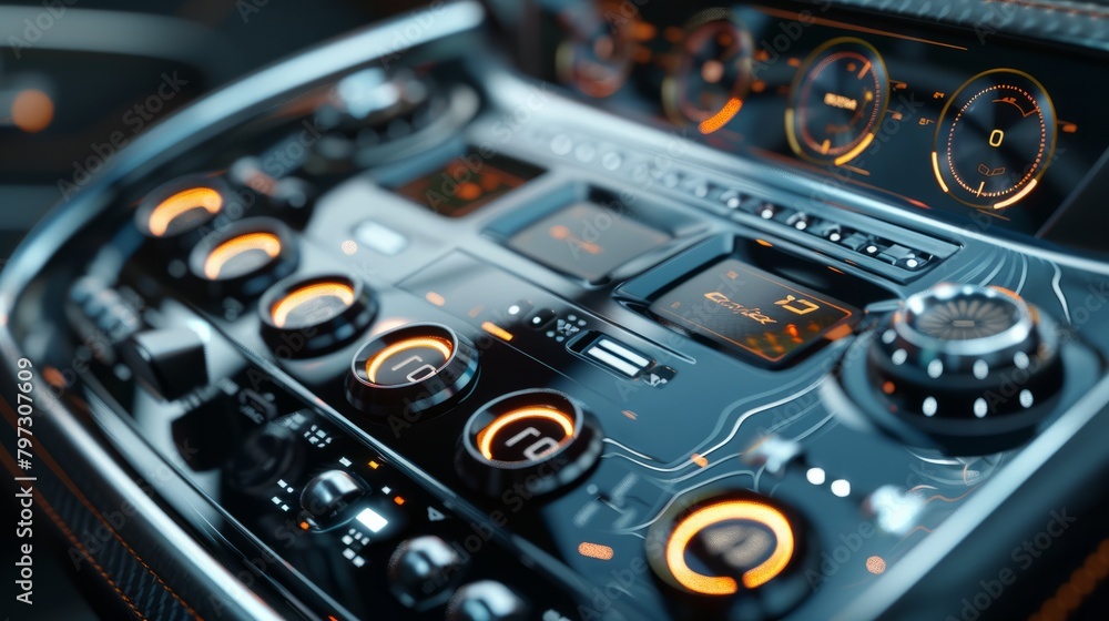 Poster close up of car audio screen panels. ai generated image hyper realistic