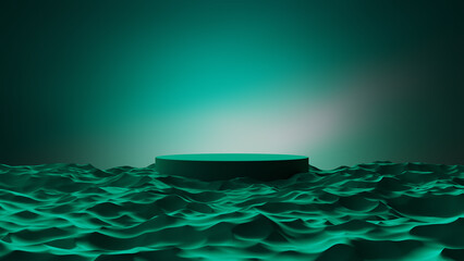 Podium product display nighttime aurora light in green desert landscape dark green sky. pedestal on waves of sand dunes or mountain range cause mysterious atmosphere. 3D Illustration.