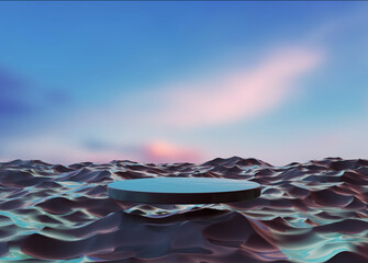 A circle podium floating on the surface of the sea or ocean. Water waves reflecting the sunset light the evening or twilight sky. Pedestal advertising cosmetic skin care or perfume. 3D Illustration.