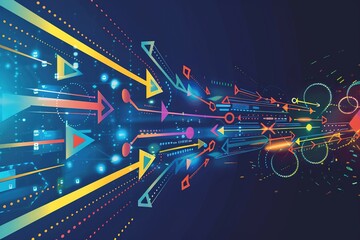 A graphic depiction of a data pipeline with arrows flowing in different directions, illustrating the continuous movement and integration of data for real-time insights