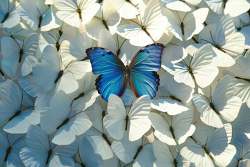 Lone Sapphire Butterfly Amidst a Sea of Ivory Wings