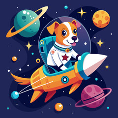 Determined dog astronaut piloting a spaceship through the cosmos, with constellations twinkling around them