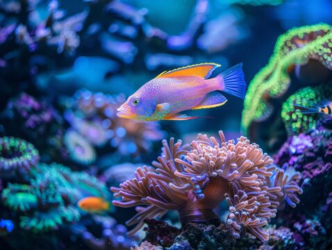 Dottyback fish swimming through vibrant coral reefs in a mesmerizing saltwater aquarium scene 