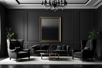  Classic black modern interior empty room with lounge armchairs, table and mirrors. 3d render illustration mock-up design. 