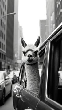 An alpaca in the car in the middle of the city livestock vehicle mammal.
