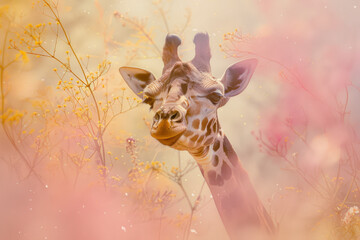 Enchanted Giraffe Amongst Whimsical Blush Spring Blossoms