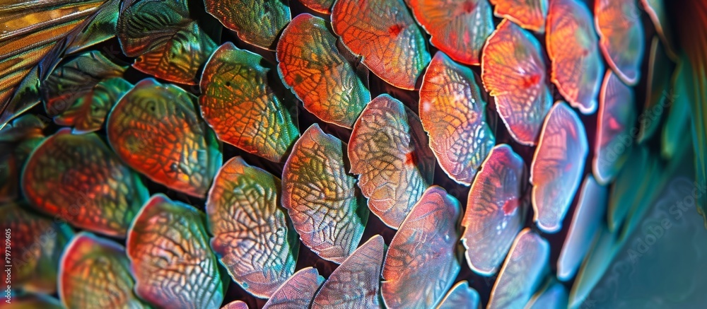 Poster showing the intricate and colorful feathers of a bird up close against a solid blue background, disp