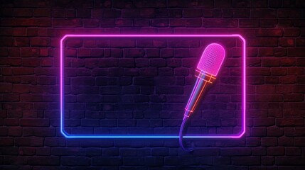 neon sign of microphone frame logo for decoration and covering on the wall background. Concept of night club, live music and karaoke bar.