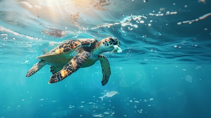 Obraz premium Generative AI illustration of sea turtle swimming near the surface with a visible piece of plastic in its mouth, against a clear blue ocean background hyper realistic 