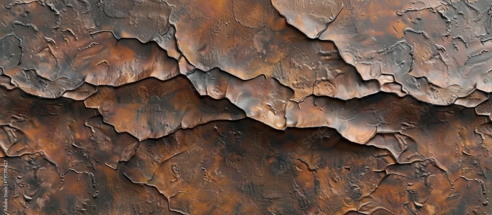 Poster detailed close-up of a weathered rusted metal surface showing several intricate cracks and patterns