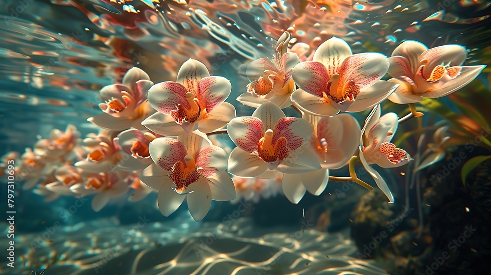 Wall mural illustrate an underwater scene where delicate orchids float gently in a shallow stream