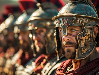 A powerful group of men in authentic Roman armor stand together, exuding strength and camaraderie as they prepare for battle.