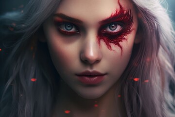 a woman with red eyepatch on her face