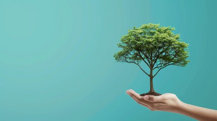 globally responsible: net zero 2050 esg eco concept, human hand holding green tree icon for environmental sustainability on blue background hyper realistic 
