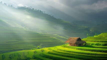 green terraced fields of Vietnam, there is a small hut stands alone in paddy field. generative ai