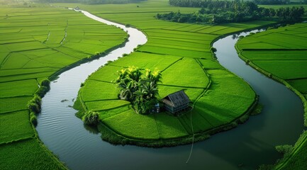 winding river meanders through lush green rice fields, with a small hut stands alone. generative ai