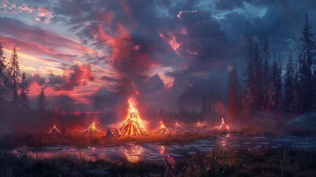 Bonfires blaze bright against the twilight sky, illuminating the northern nights with warmth and camaraderie.