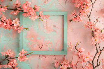 Spring Cherry Blossoms Frame on Textured Pastel Pink Background