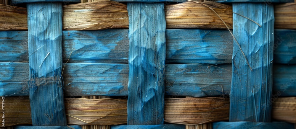 Poster an up-close view of a textured blue and brown woven basket featuring intricate patterns and a rustic