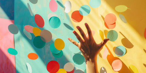 Playful Colors   Child's Hand Reaching for Colorful Paper Circles